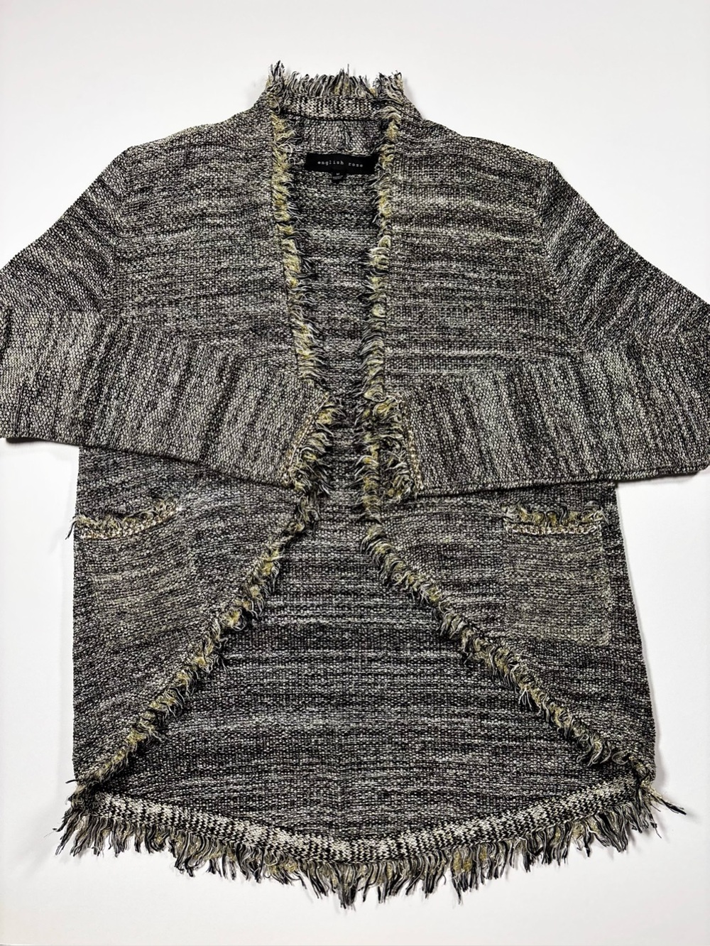 English Rose Frayed Open-Front Knit Cardigan - Charcoal/Gold Metallic Mix